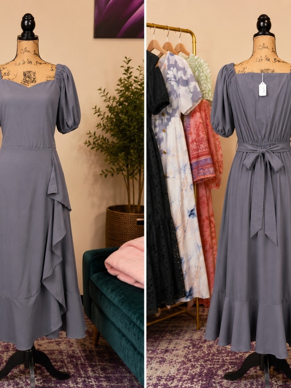 Elegant Puff-Sleeve Midi Dress in Slate Blue